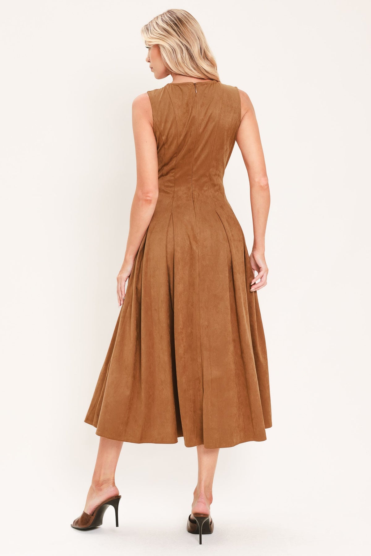 Camel faux suede midi dress back view, sleeveless flared skirt with gold button detail