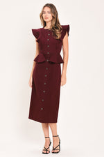 Burgundy ruffle peplum midi dress with cap sleeves and button-down front