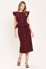 Burgundy ruffle peplum midi dress with button front and cap sleeves