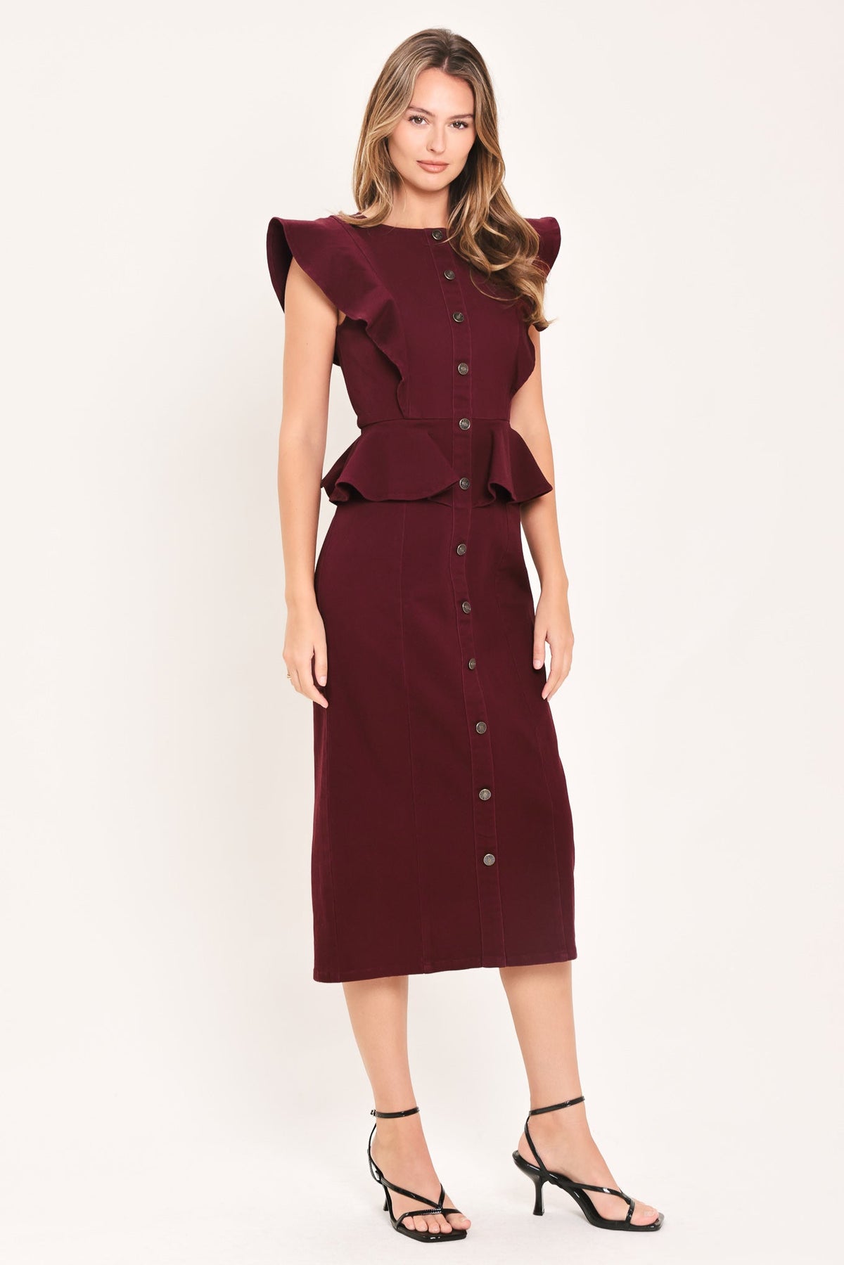Burgundy button-front midi dress with ruffle shoulders and peplum detail at waist
