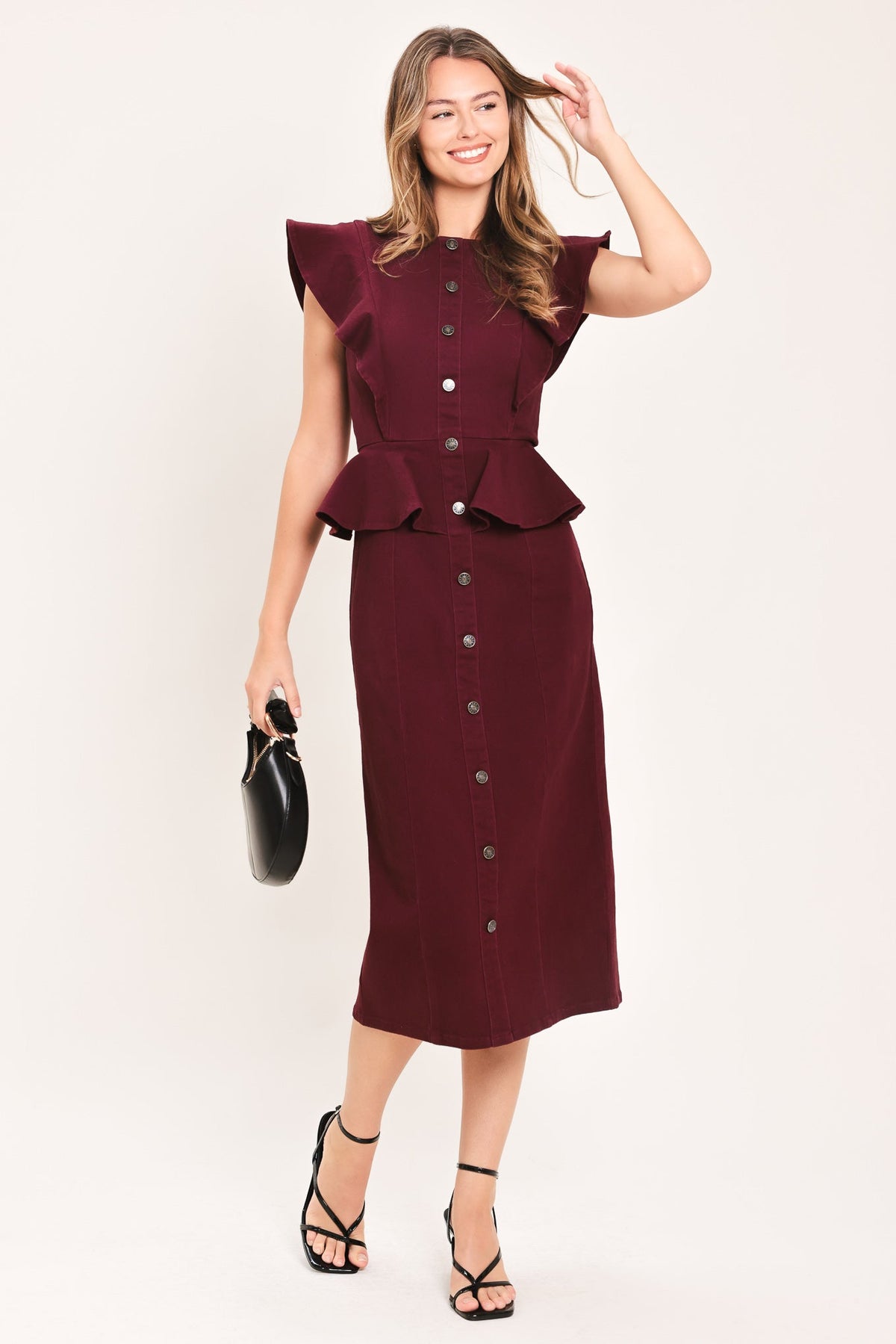 Burgundy ruffle peplum midi dress with button front, cap sleeves, and midi length