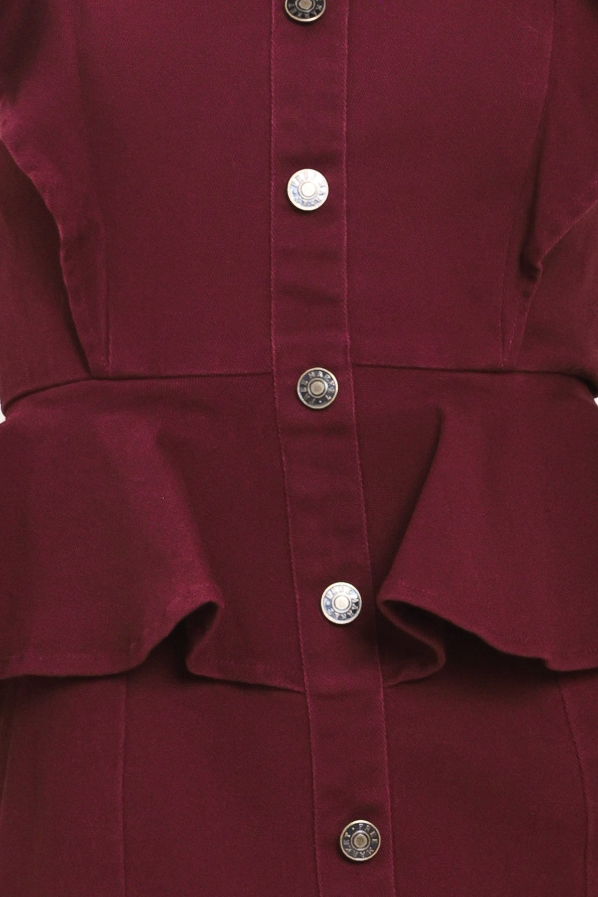 Close-up of burgundy button-front midi dress with ruffled peplum and metal buttons
