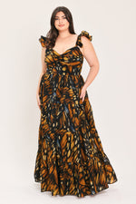 Black leaf-print woven maxi dress with square neckline, ruffle straps, long tiered skirt