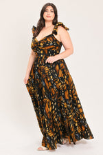 Black leaf-print woven maxi dress with square neckline and ruffle shoulder straps, gathered tiers