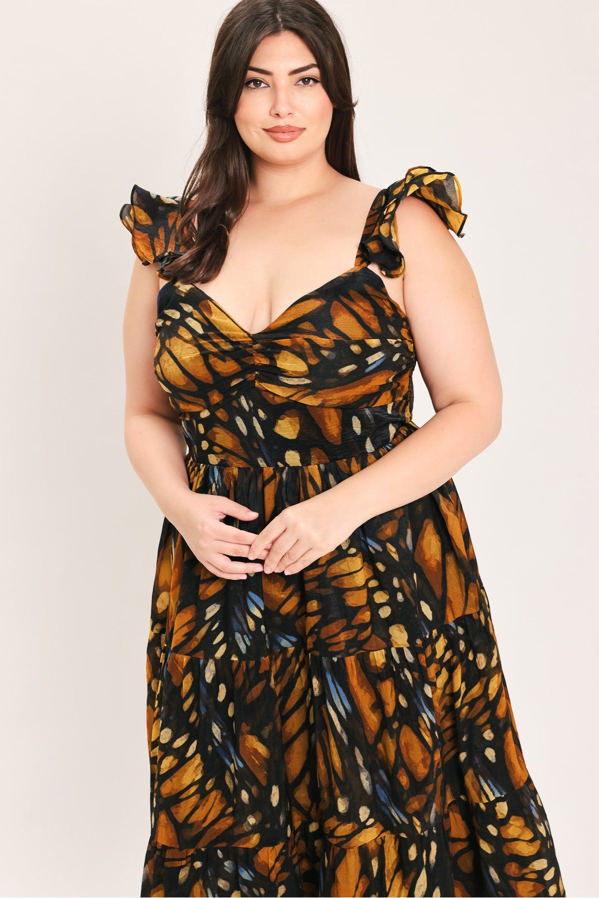 Black and gold leaf-print woven maxi dress with square neckline and ruffle shoulder details