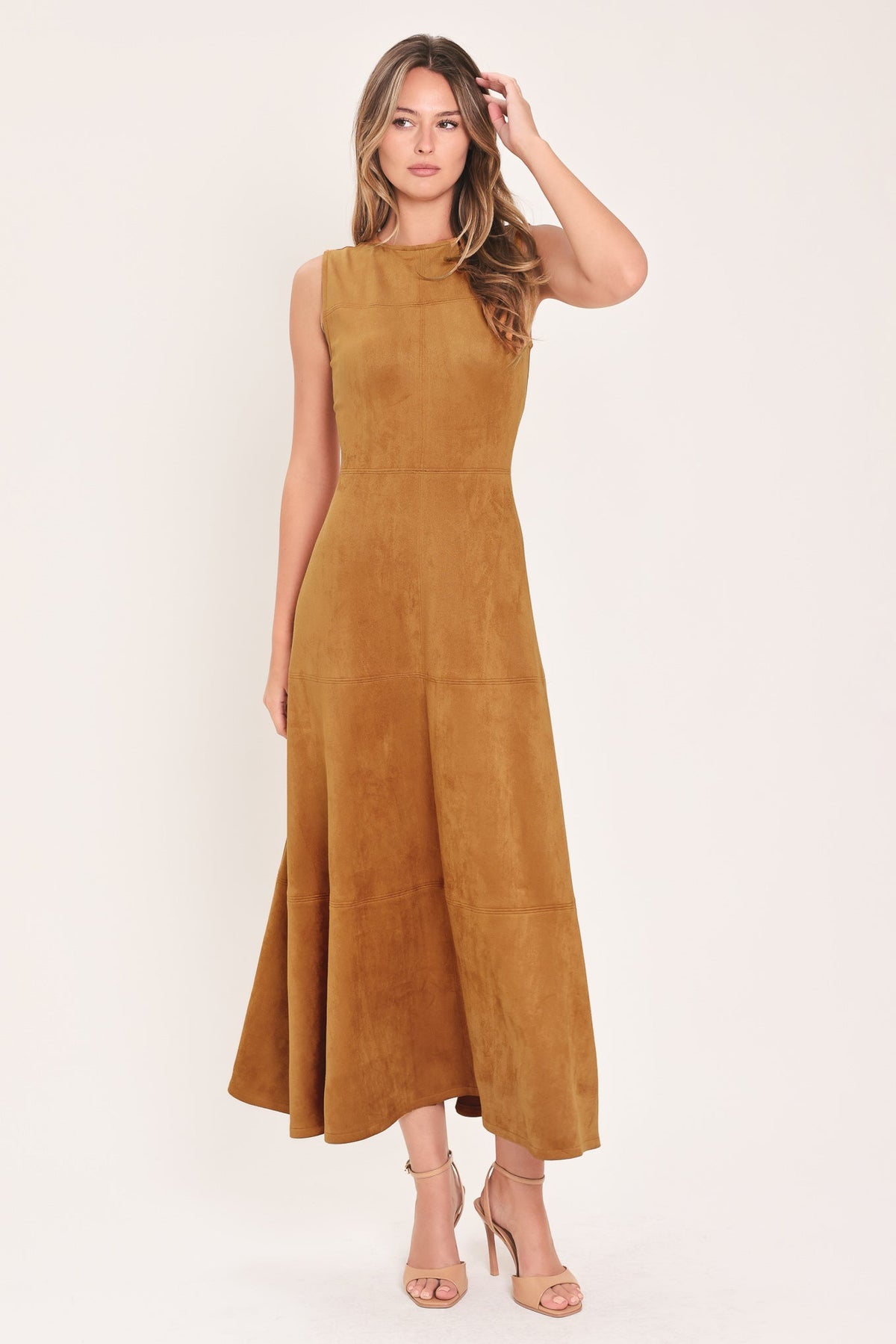 Camel faux suede fit-and-flare midi dress, sleeveless with high neckline