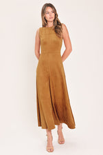 Camel faux suede fit-and-flare midi dress, sleeveless, full front view