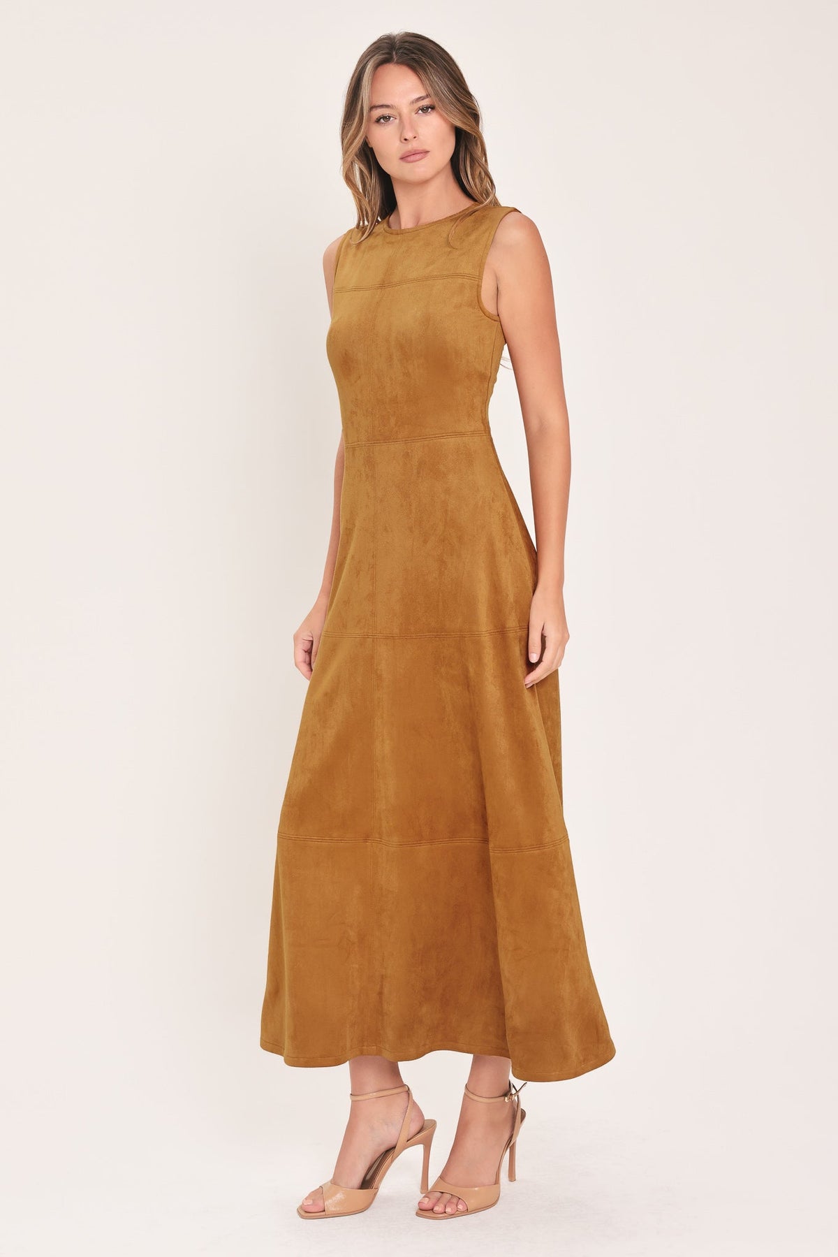 Camel faux suede midi dress with sleeveless fitted bodice and flared skirt