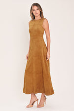 Camel faux suede midi dress with sleeveless fitted bodice and flared skirt