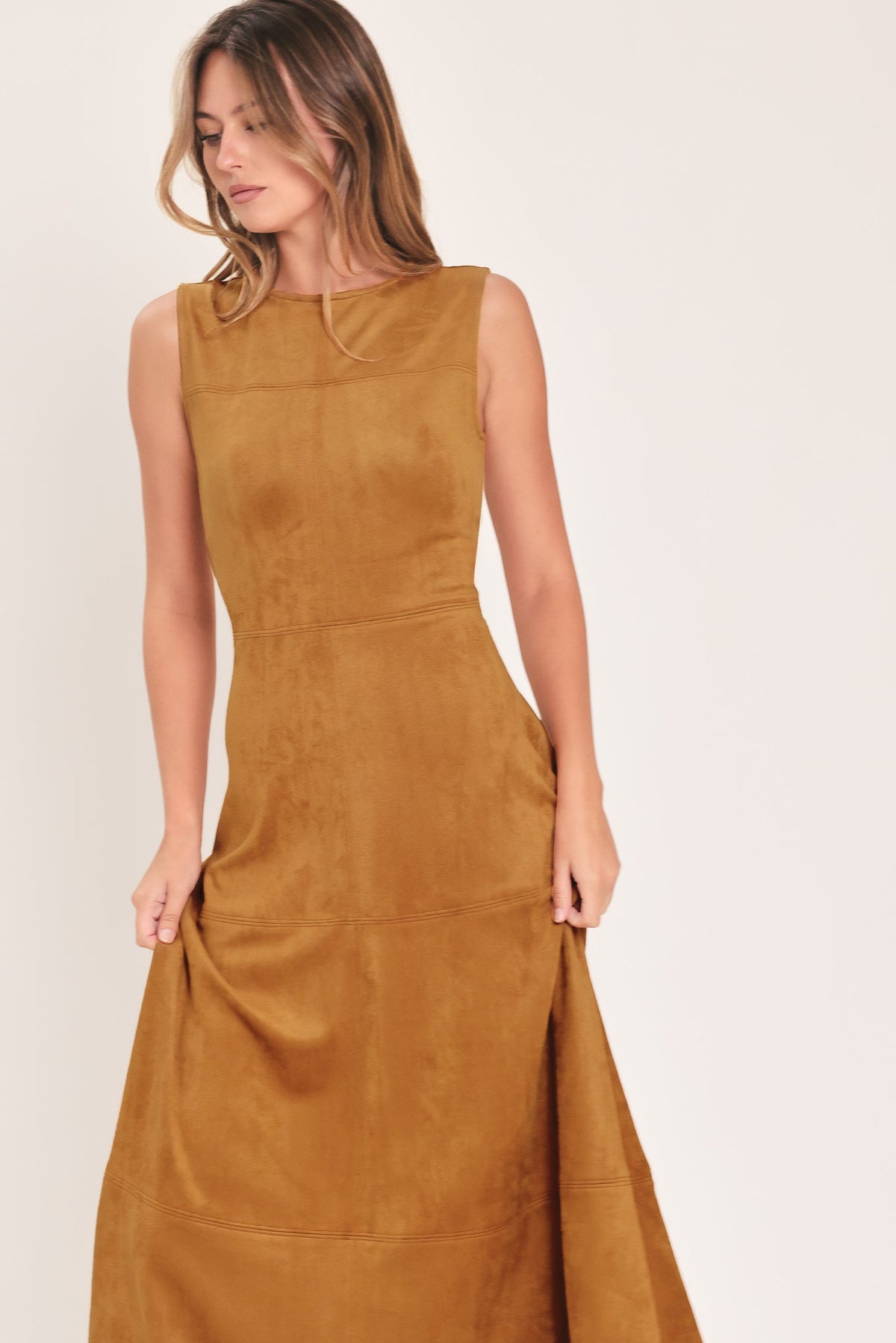 Camel faux suede sleeveless midi dress with side ruching and paneled front