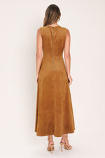 Back view: Camel faux suede sleeveless midi dress with center back seam
