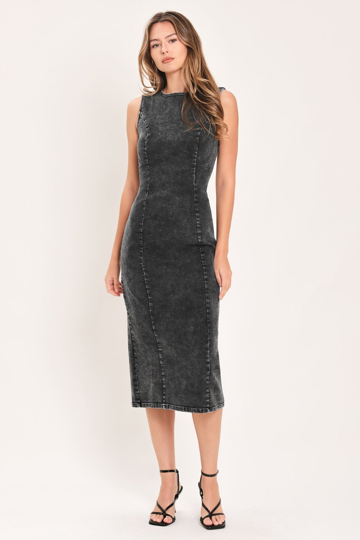 Charcoal denim midi sheath dress with high neckline and fitted side seams
