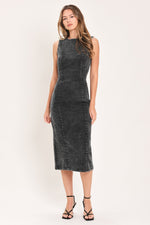 Charcoal denim midi sheath dress with high neckline and fitted side seams