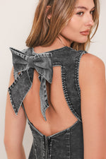 Charcoal denim midi sheath dress with open-back and bow tie detail