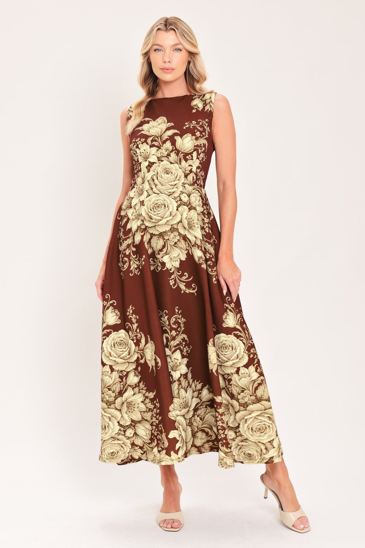 Burnt terracotta woven midi dress with ornate cream floral print and sleeveless fit