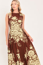 Sleeveless woven midi dress in burnt terracotta with large cream rose and scroll pattern