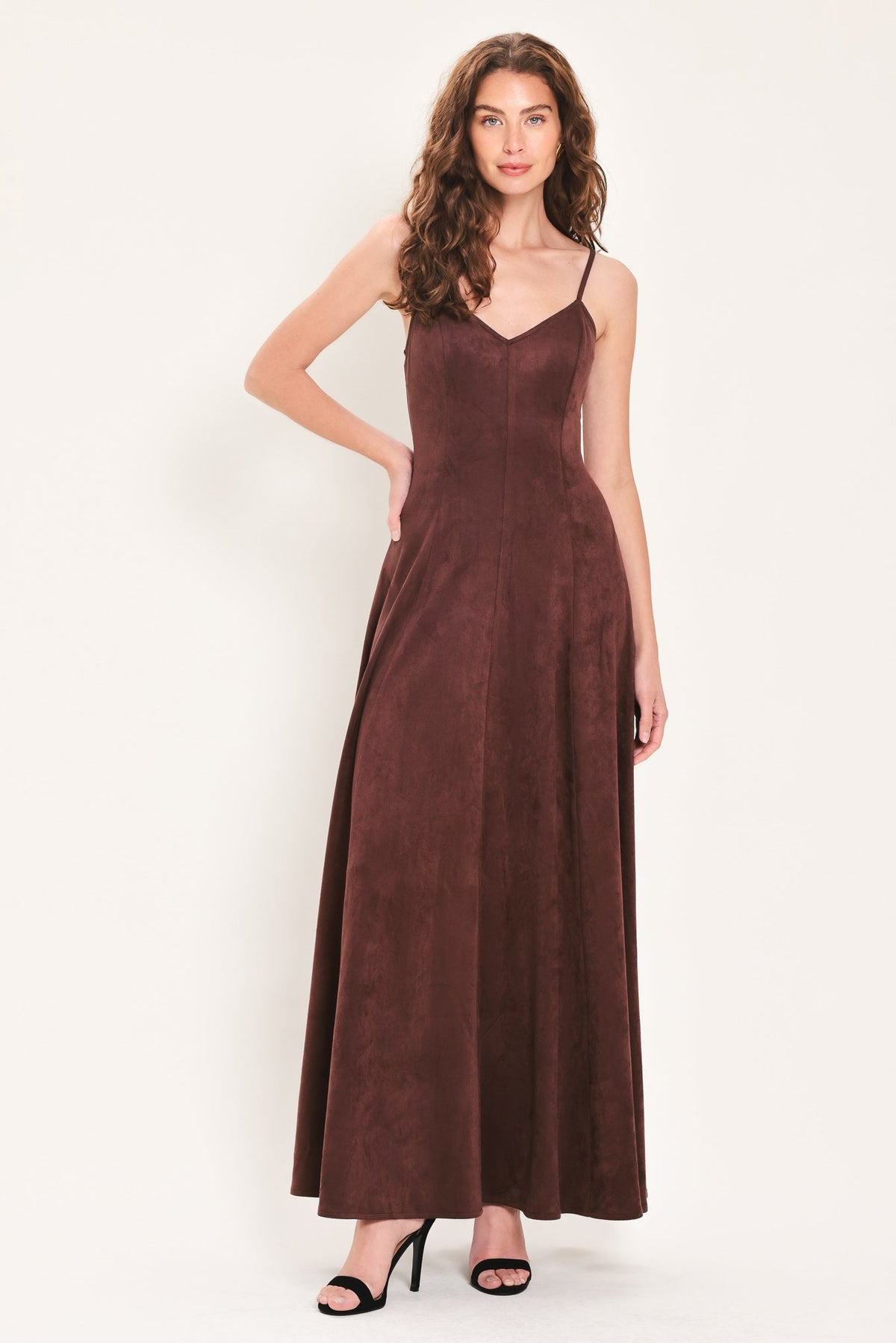 Dark raisin faux suede maxi dress with V-neck and spaghetti straps