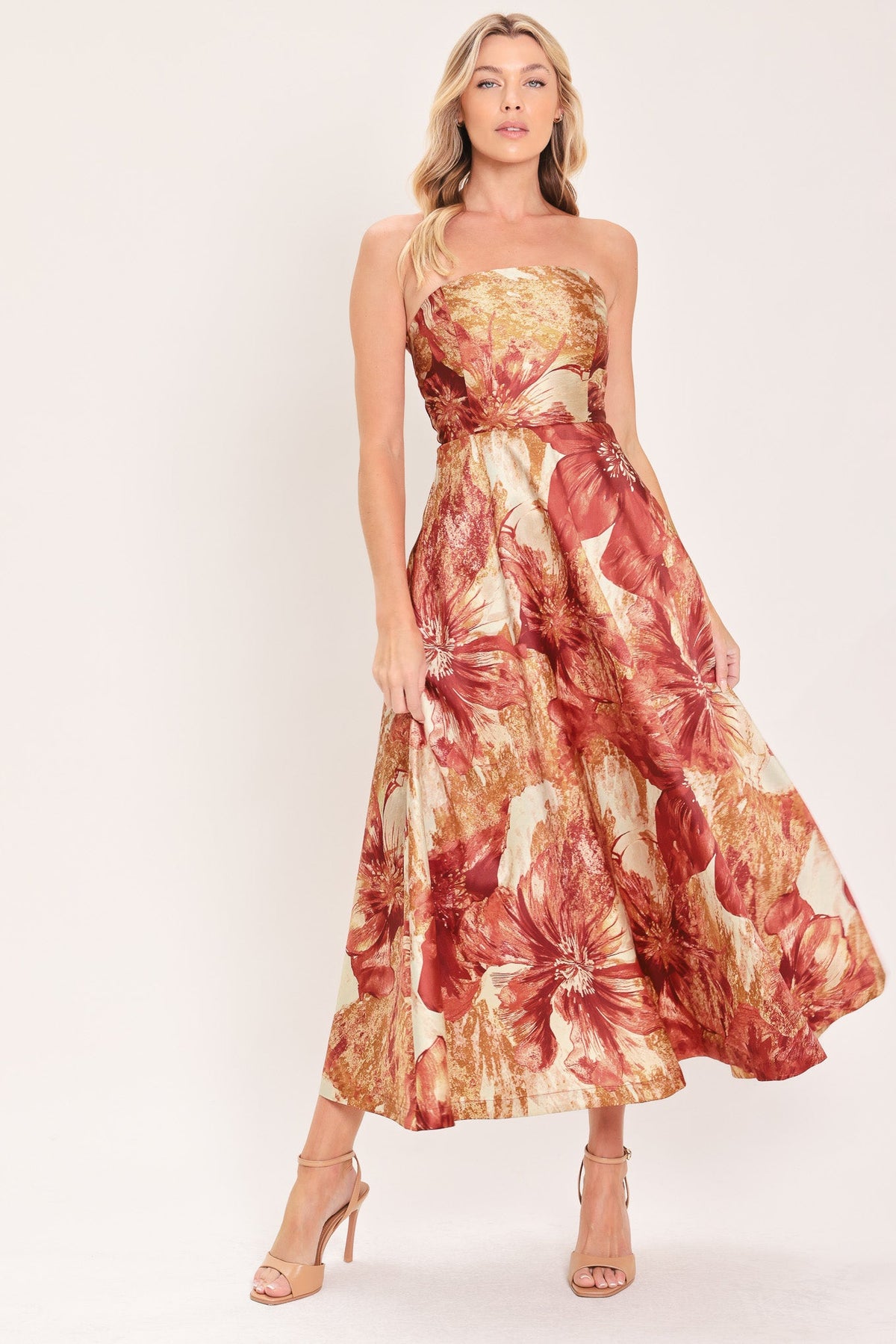 Terracotta floral woven midi dress with strapless bodice and gathered waist