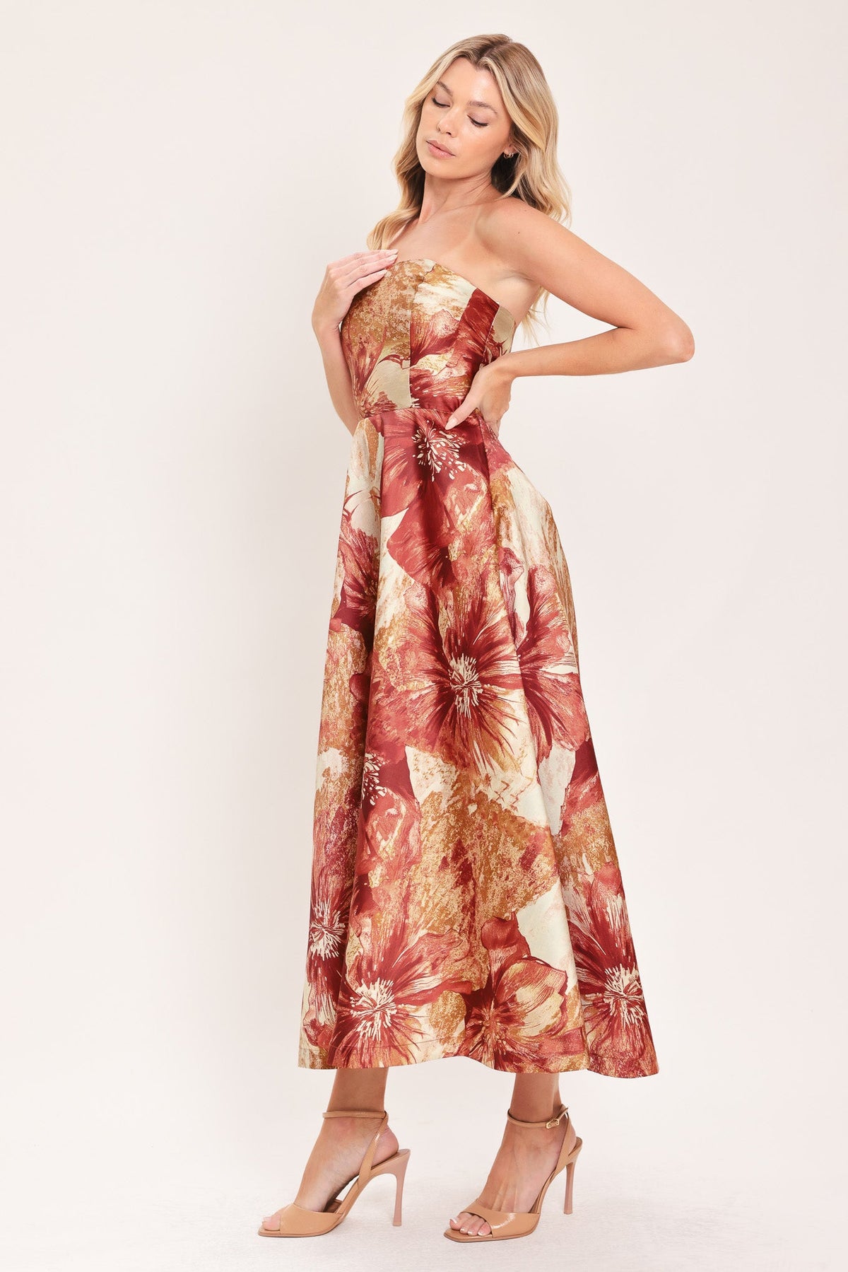 Terracotta floral woven midi dress with strapless bodice and cinched waist