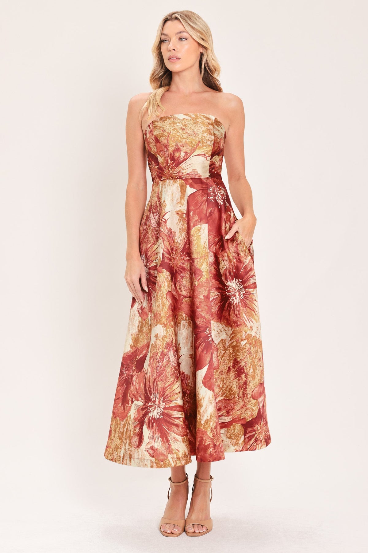 Terracotta floral woven midi dress with strapless top and full skirt