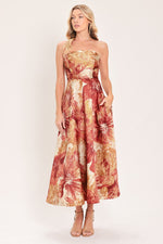 Terracotta floral woven midi dress with strapless top and full skirt