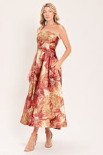 Terracotta floral woven midi dress with strapless neckline and flared skirt