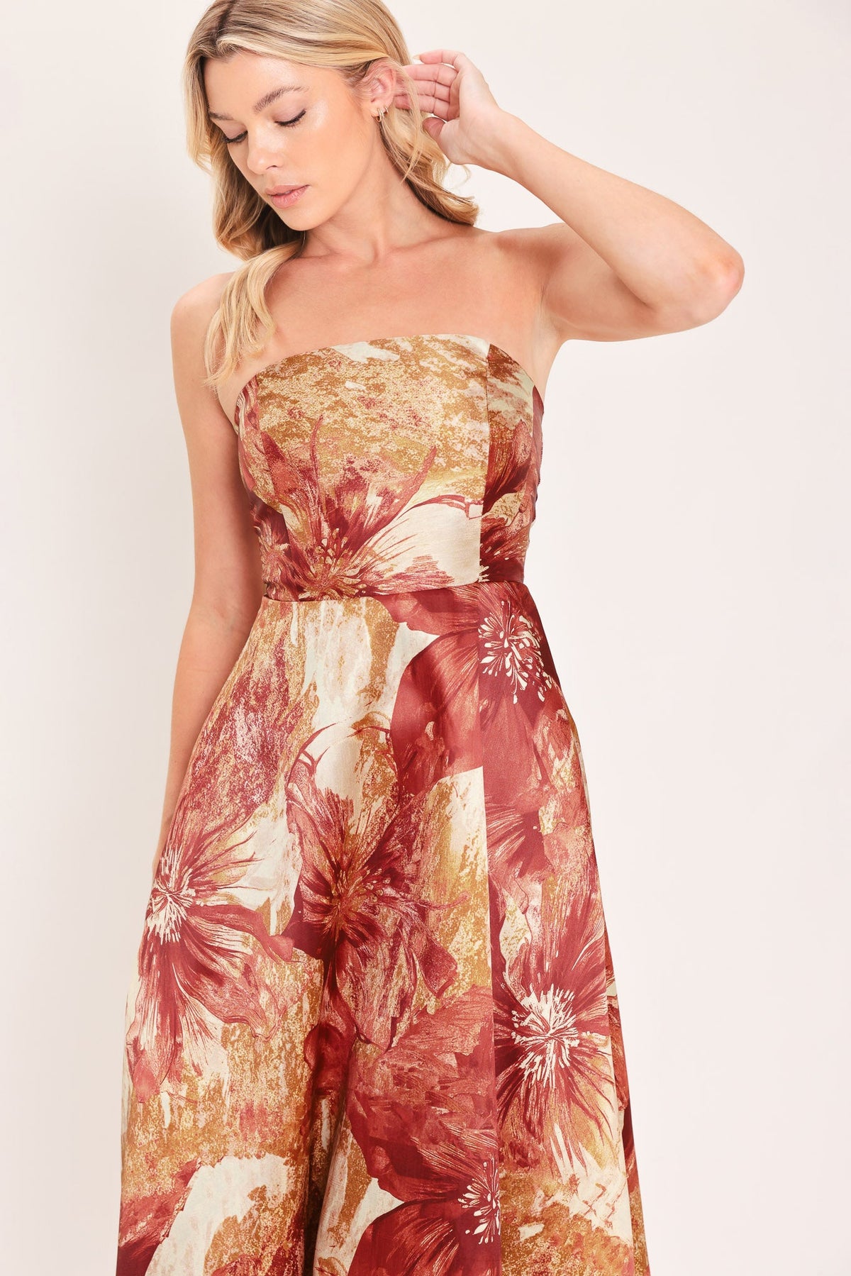 Terracotta floral woven midi dress, close-up strapless gathered bodice