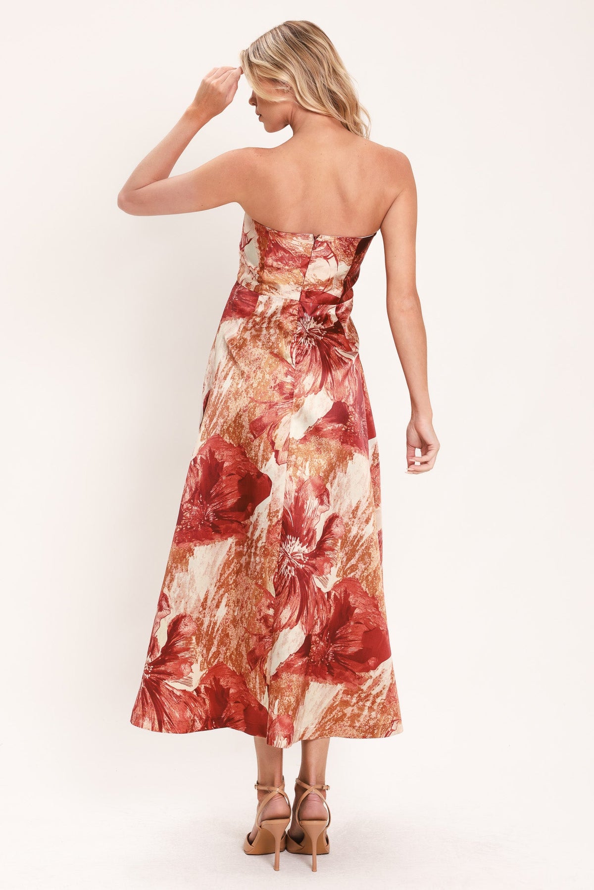 Terracotta floral woven midi dress, back view with wide waistband