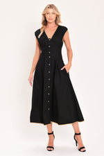 Black woven midi dress with V-neck, cap sleeves, front button placket, gold accents