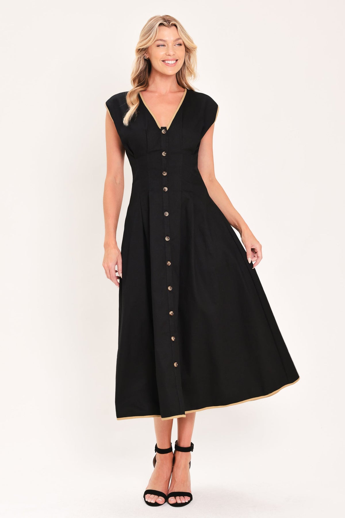 Black woven midi dress with fitted bodice and flared skirt, V-neck, gold-button front