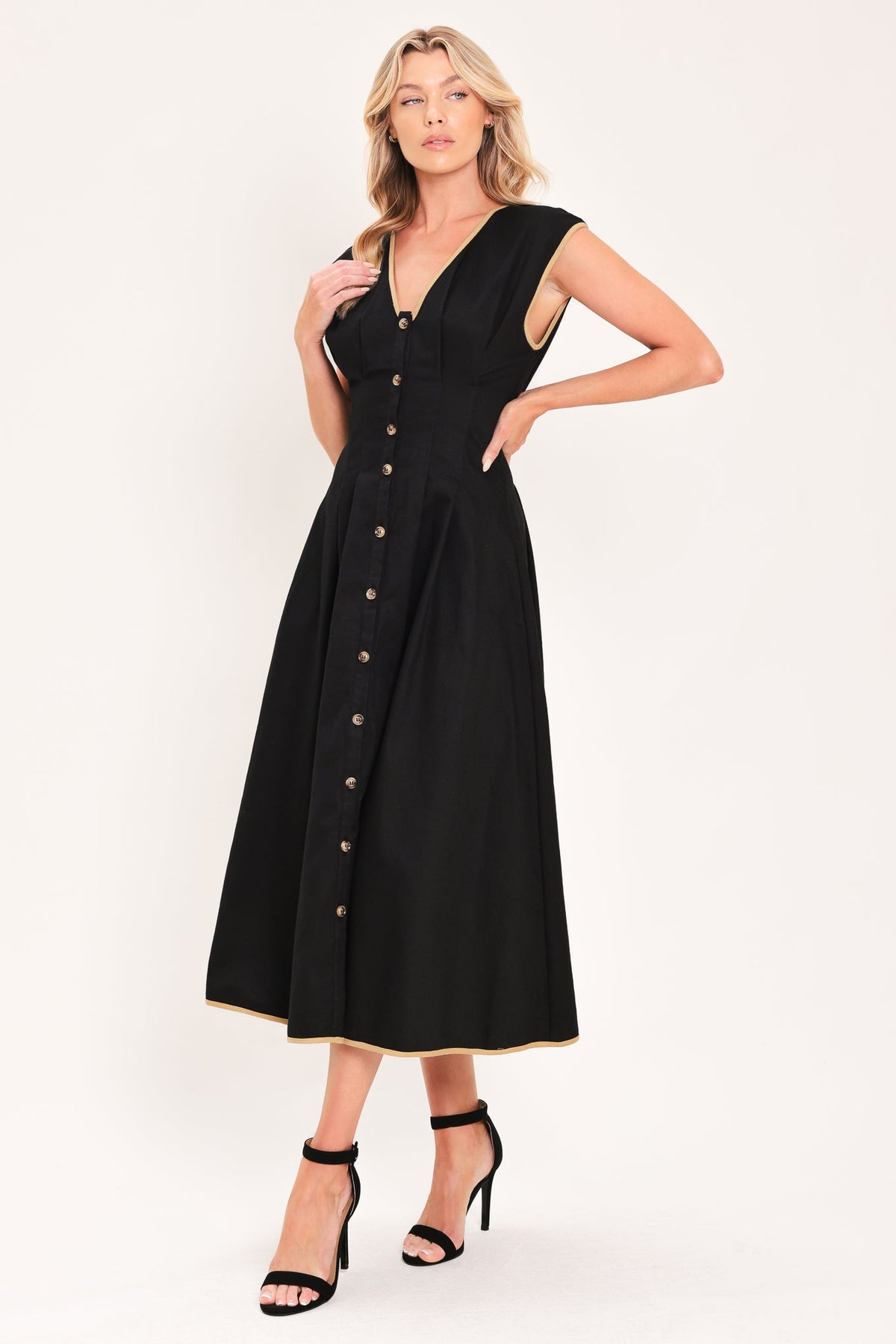 Black woven midi dress with V-neck, button front, gold trim accents, side pockets