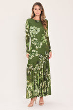 Moss green floral mesh ankle dress with long sleeves and gathered ruffle hem