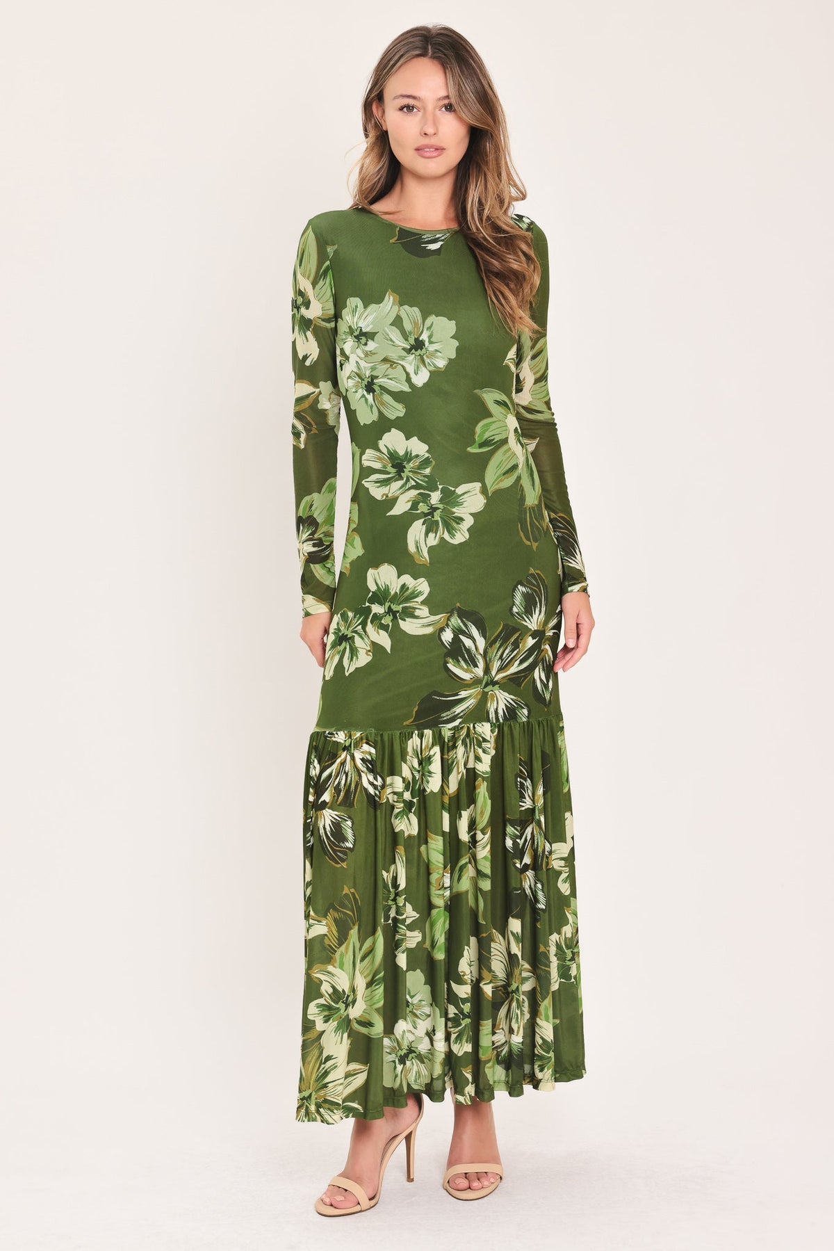 Moss green floral mesh ankle dress with long sleeves and gathered ruffle hem