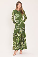 Moss green floral mesh ankle dress with long sleeves and tiered ruffle skirt