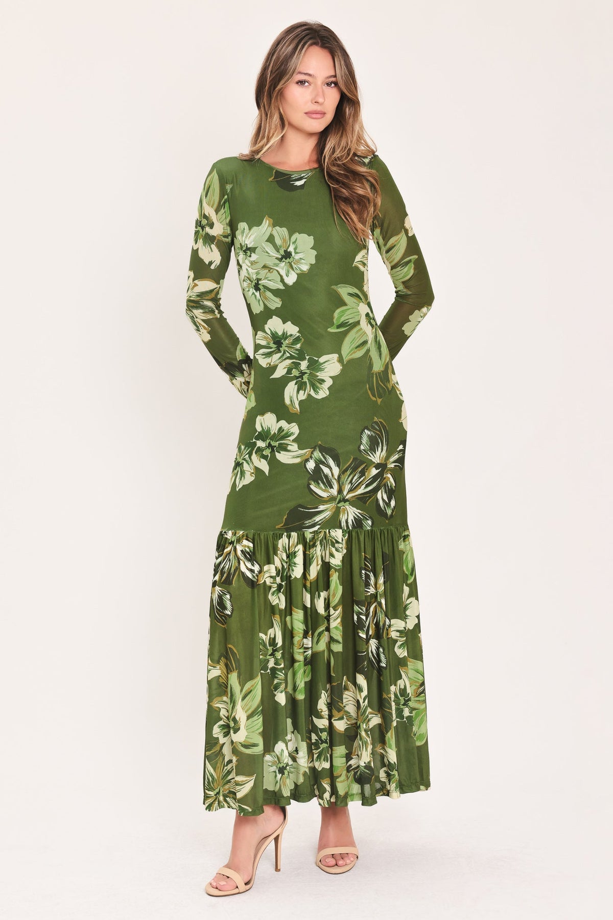 Moss green floral mesh ankle dress with long sleeves and tiered ruffle skirt