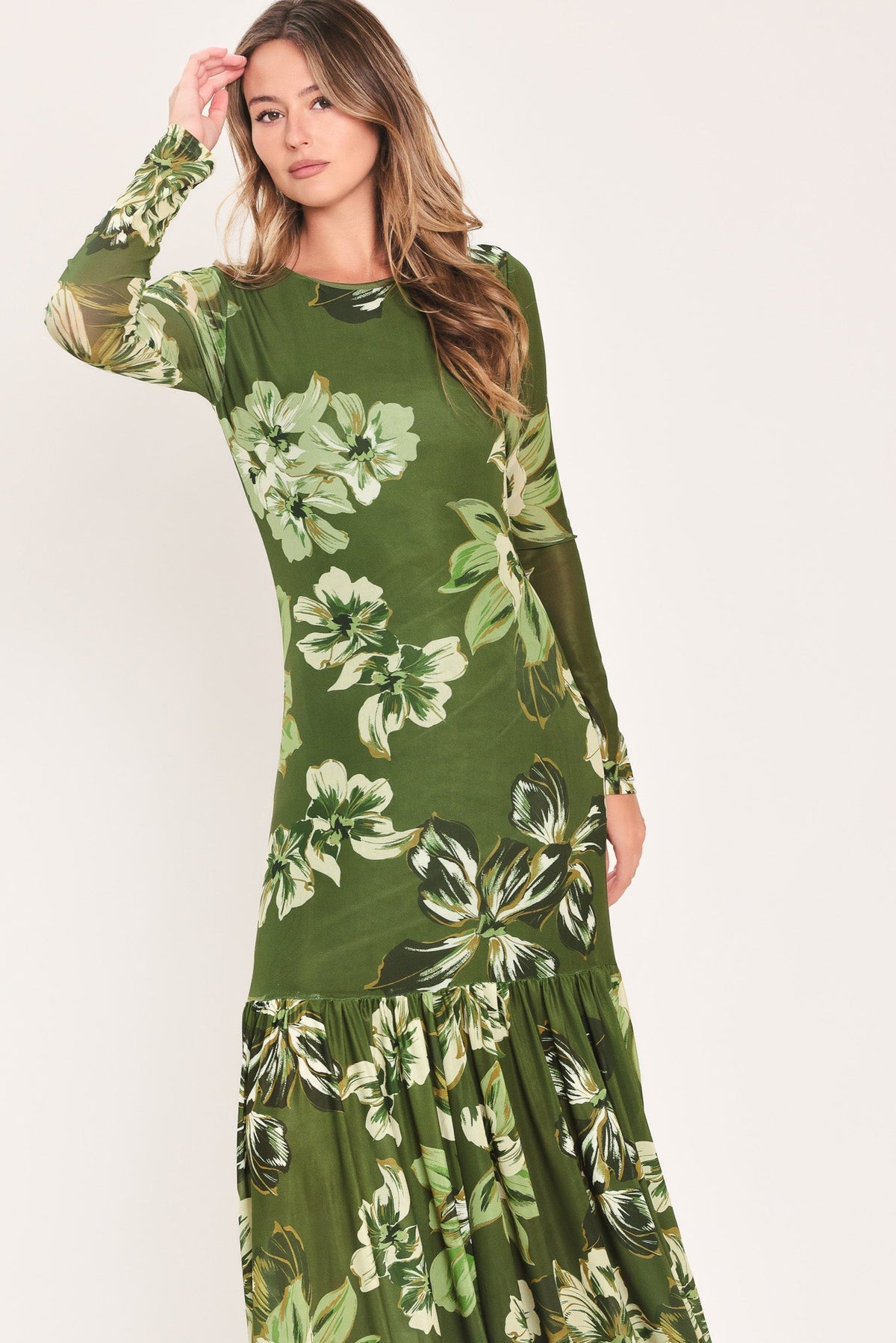 Moss green floral mesh ankle dress with long sleeves and pleated tiered skirt