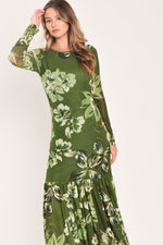Moss green floral mesh ankle dress with long sleeves and pleated tiered skirt