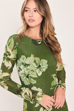Moss green floral printed mesh dress with long sleeves and crew neckline