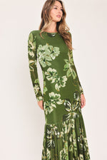 Moss green floral printed mesh ankle dress with long sleeves and tiered hemline
