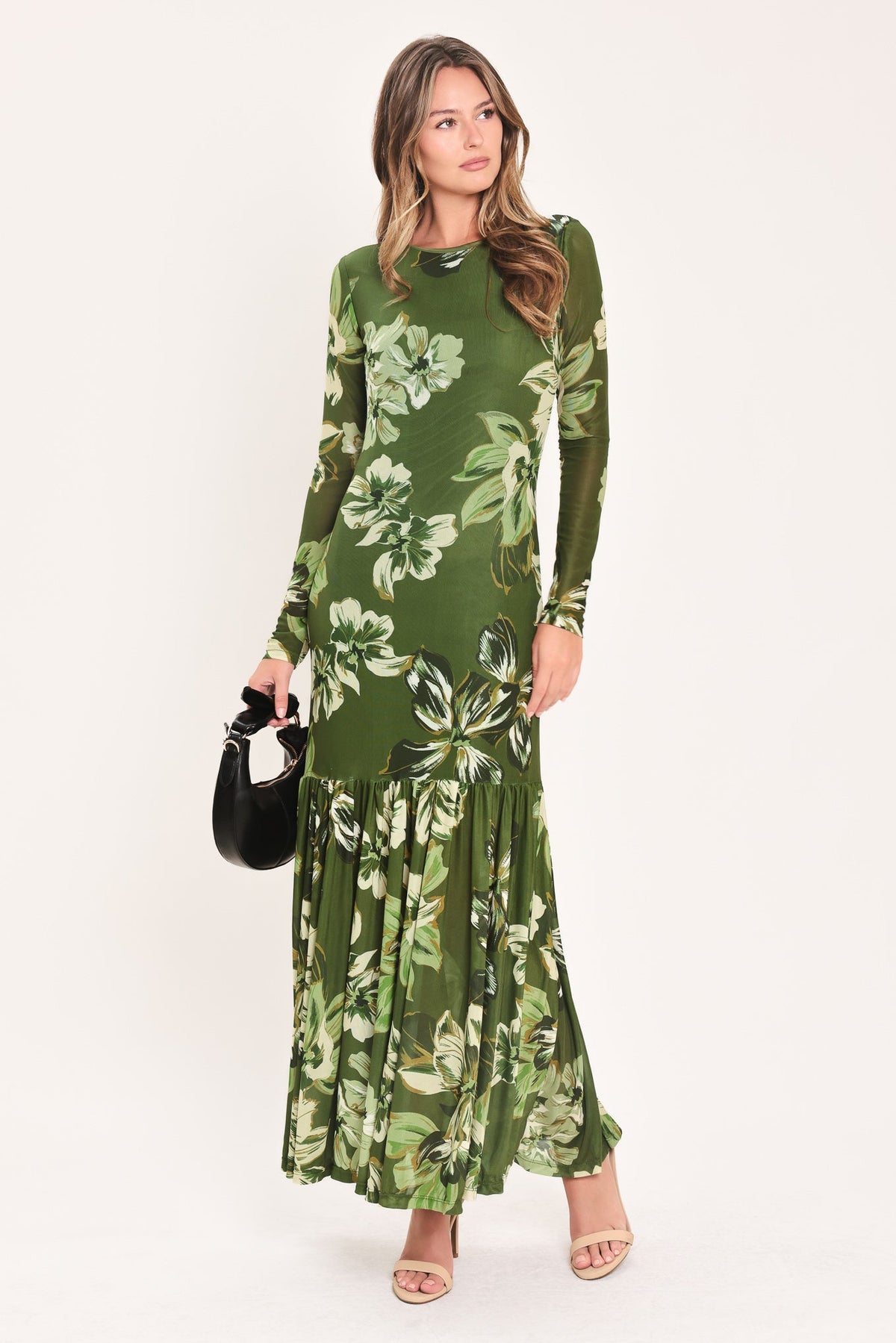 Moss green printed mesh ankle dress with long sleeves and floral print, tiered hem