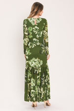 Moss green floral printed mesh ankle dress with long sleeves, back view