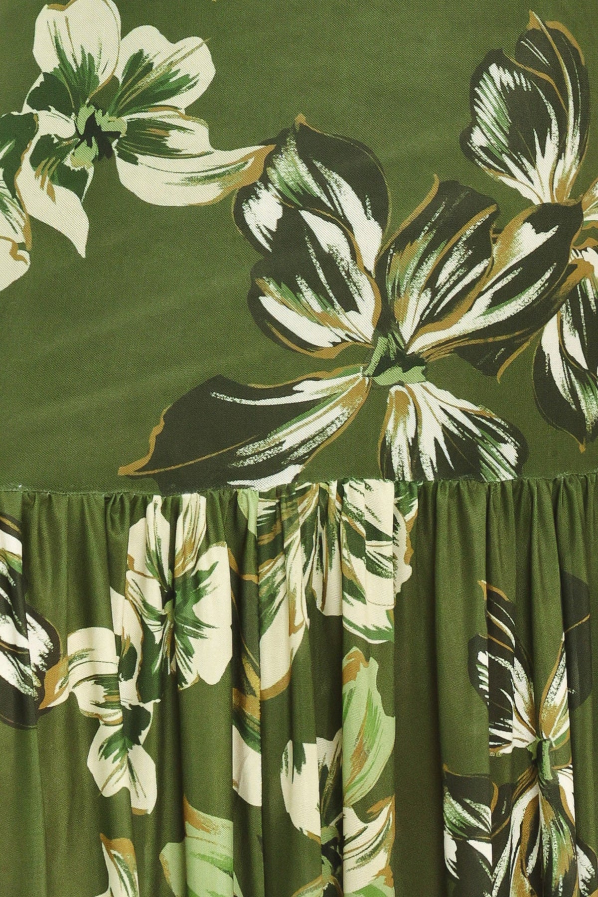 Moss green floral mesh fabric detail with gathered ruffle hem and print