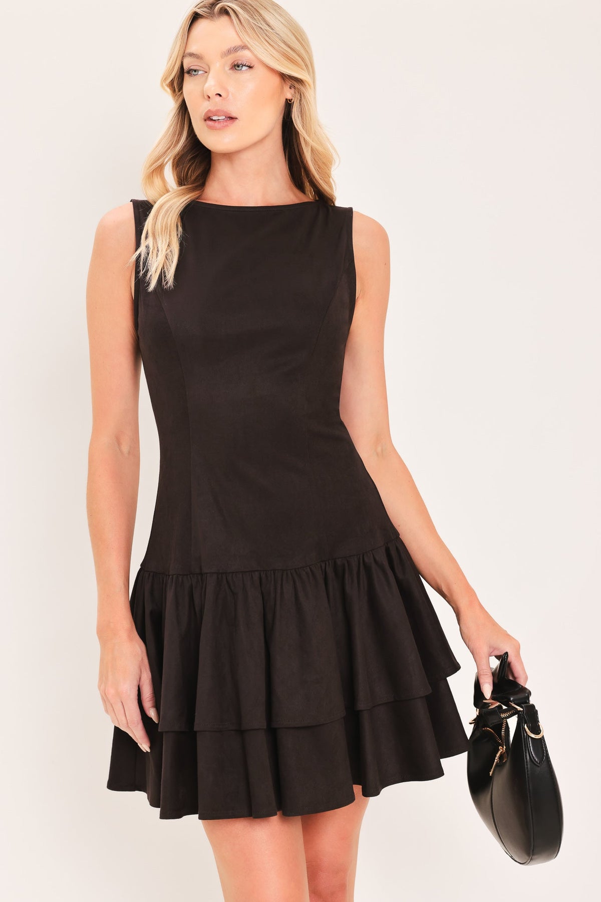 Faux suede mini dress, sleeveless dark chocolate with tiered ruffle hem
