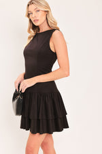 Faux suede mini dress, sleeveless dark chocolate, tiered ruffle hem; side view