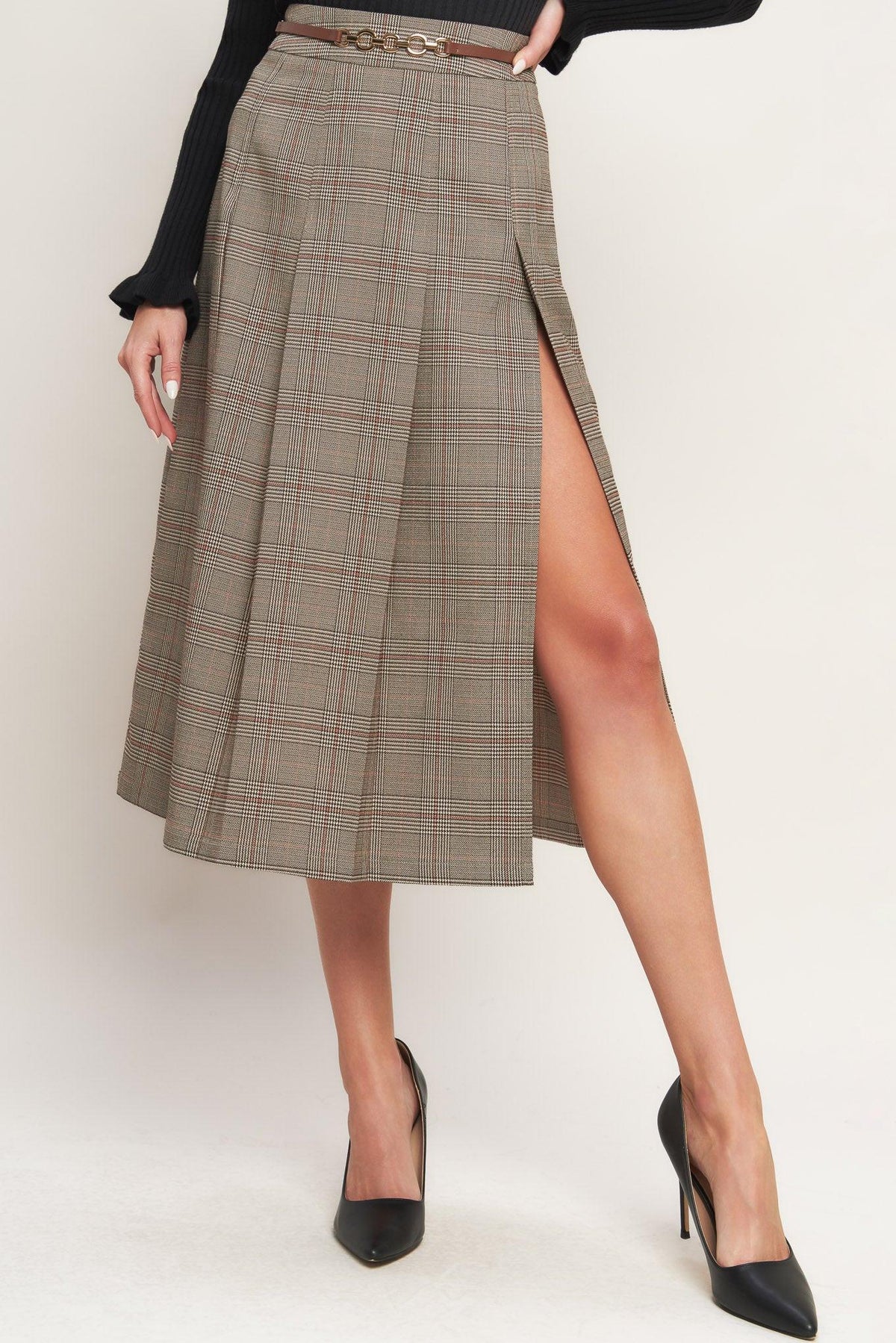 Brown plaid woven midi skirt with front slit and belted waist