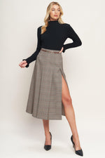 Woven midi skirt in brown plaid with front slit and belted waist