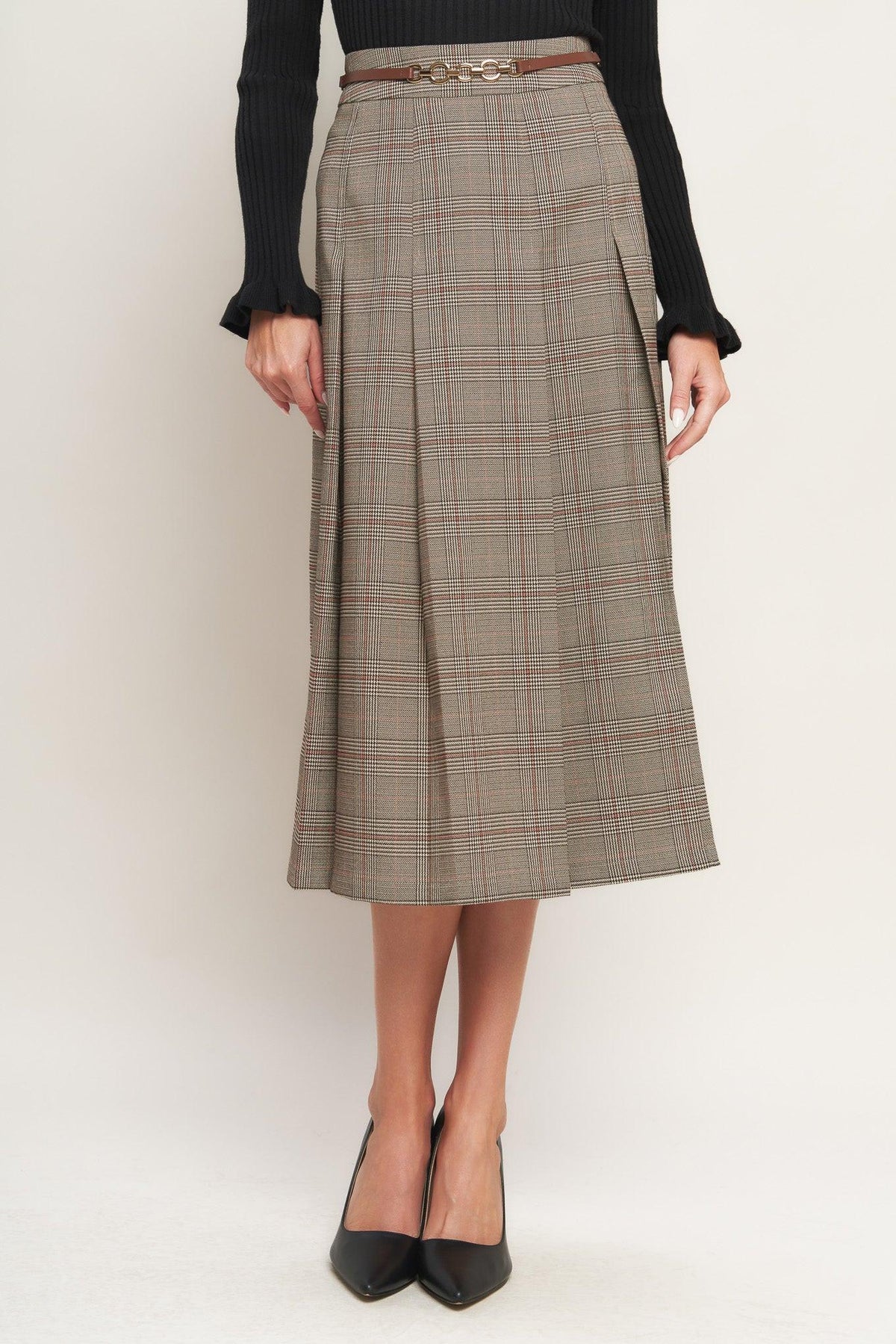 Brown plaid woven midi skirt with belted waist and front slit