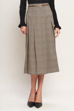 Brown plaid woven midi skirt with belted waist and front slit
