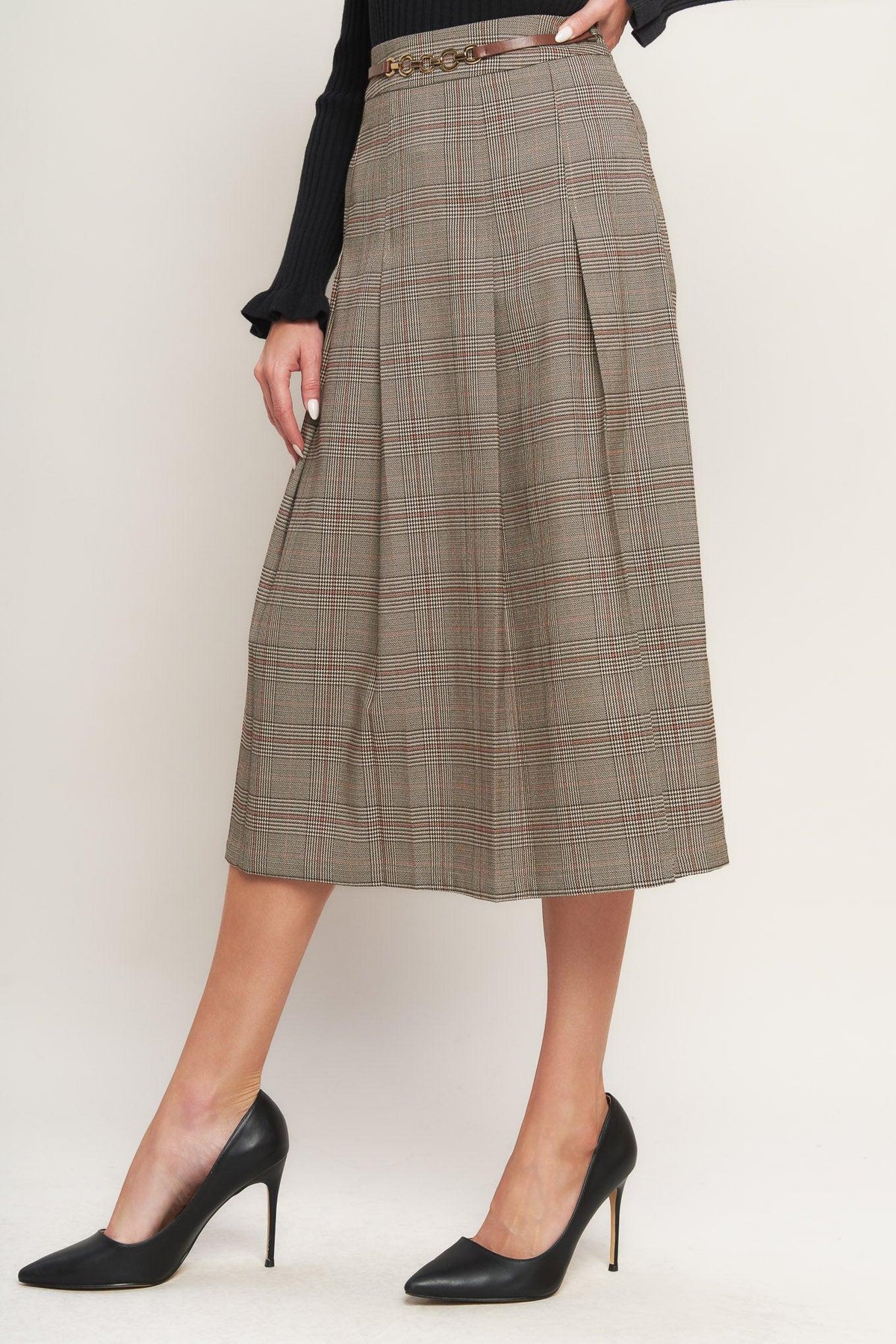 Brown plaid woven midi skirt with pleated skirt panels and belted waist