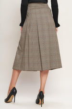 Brown plaid woven midi skirt with pleated back and belted waist
